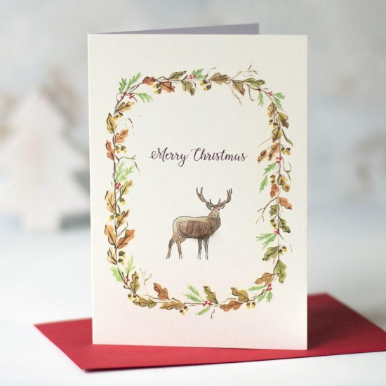 Stag and floral wreath Christmas card
