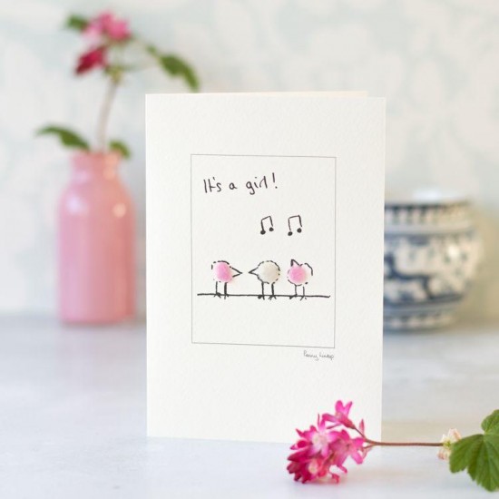 Birds new baby card in pink 