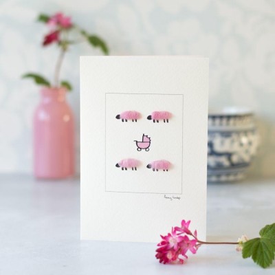 Sheep and Pink pram card Sheep and Pink pram card