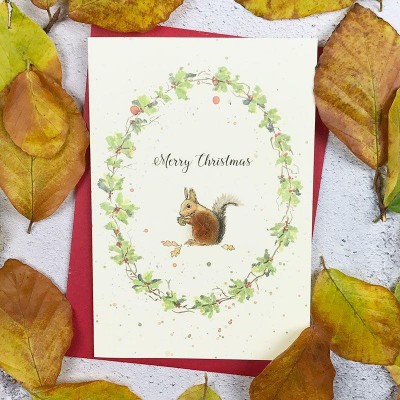 Squirrel and floral wreath Christmas card