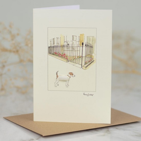 Jack Russell by city garden railings card