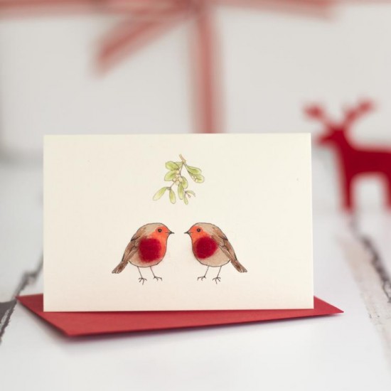 Mini Robins under Mistletoe card
