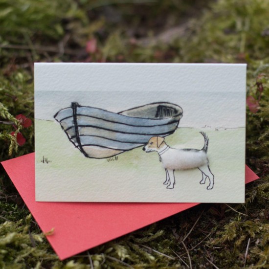 Mini Jack Russell and fishing boat card