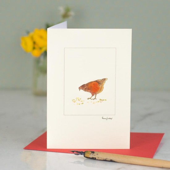 Hen pecking at grain card