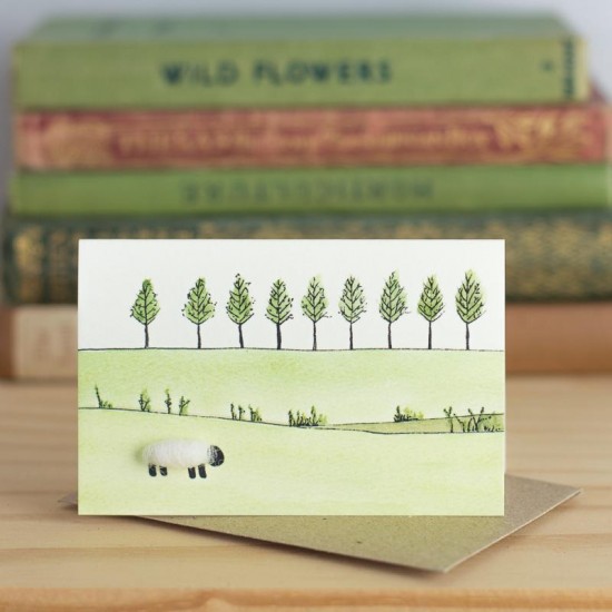 Mini Sheep and line of trees card