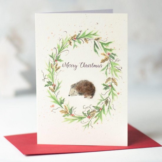 Hedgehog and floral wreath Christmas card