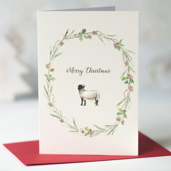Sheep and floral wreath Christmas card