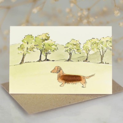 Mini Dachshund red by 6 trees card Mini Dachshund red by 6 trees card