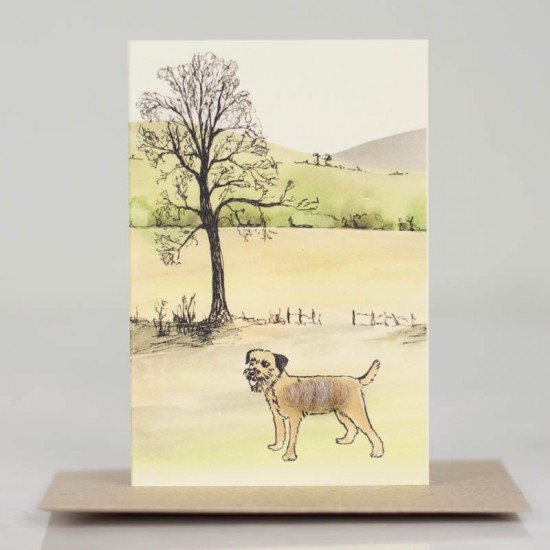 Mini Border Terrier by tree and hillslope card