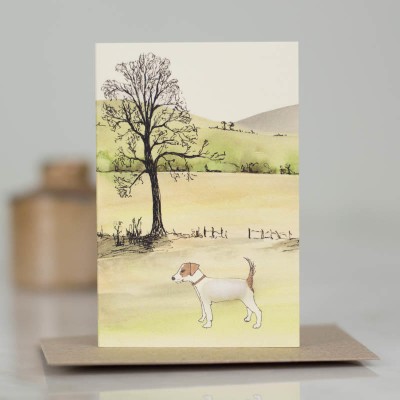 Mini Jack Russell by trees and hillslope card Mini Jack Russell by trees and hillslope card