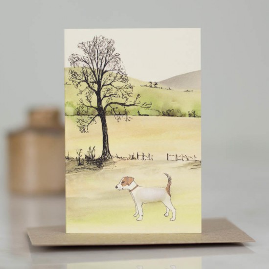 Mini Jack Russell by trees and hillslope card