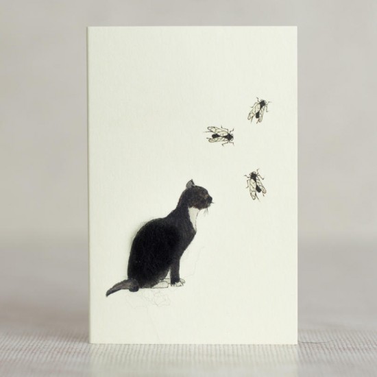Mini Cat black & white watching flies card