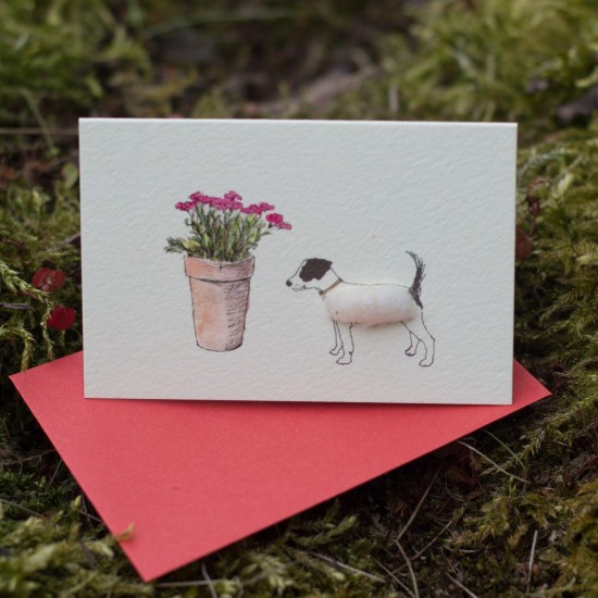 Mini Jack Russell and a pot of flowers card