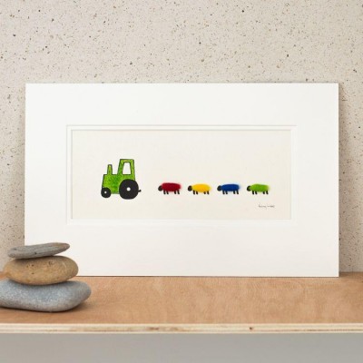 Green Nursery Tractor and 4 Bright Sheep print Green Nursery Tractor and 4 Bright Sheep print