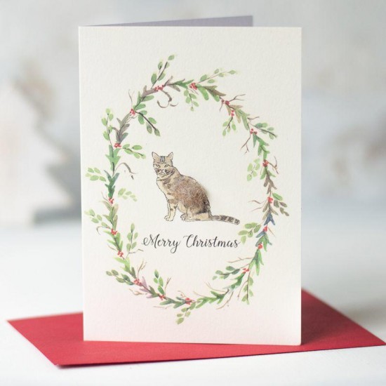 Cat and floral wreath Christmas card Cat and floral wreath Christmas card
