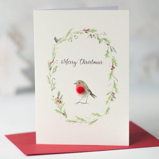 Robin and floral wreath Christmas card