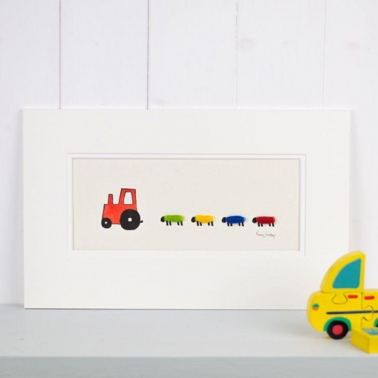 Red Nursery Tractor and Bright Sheep print