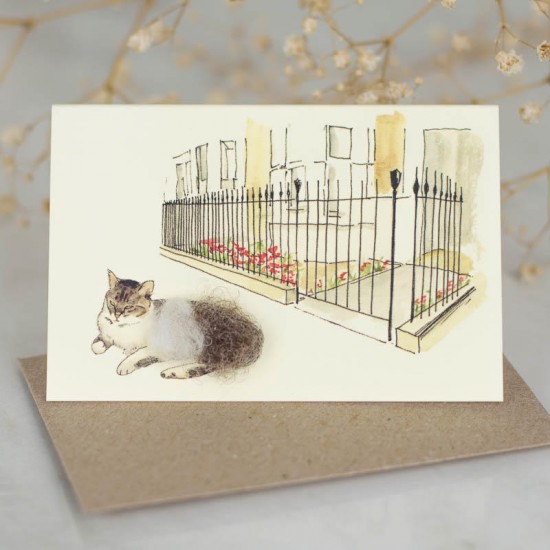 Mini Cat and town garden railings card