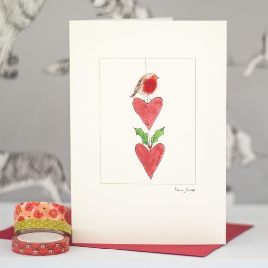 Robin on string of hearts Christmas card
