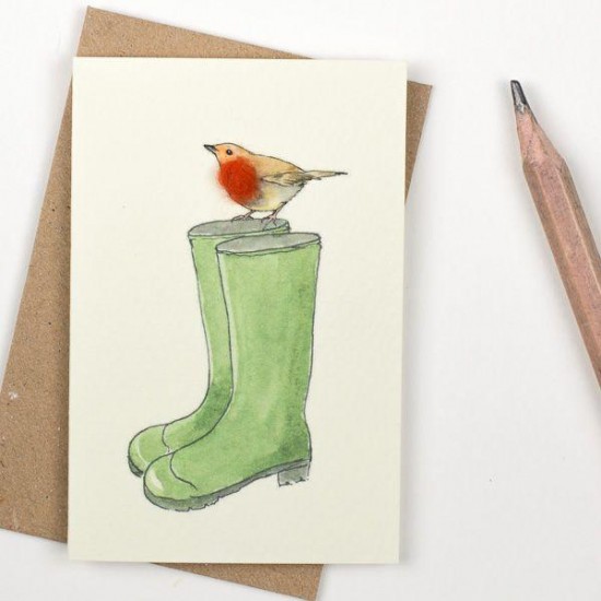 Mini Bird Robin and wellies card