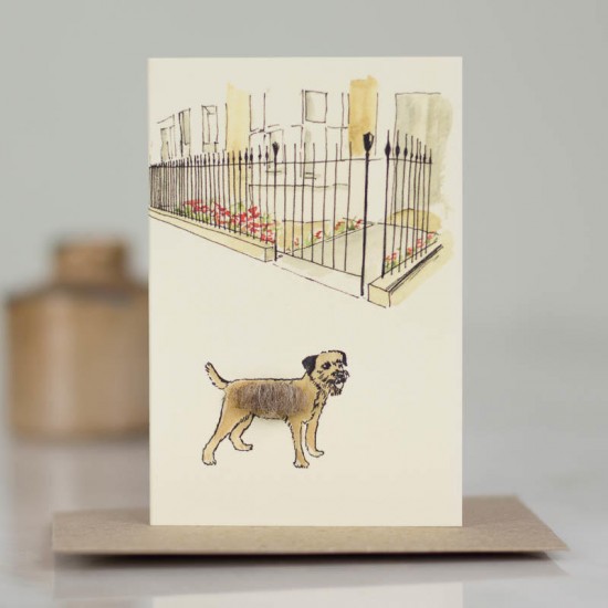 Mini Border Terrier by city garden railings card