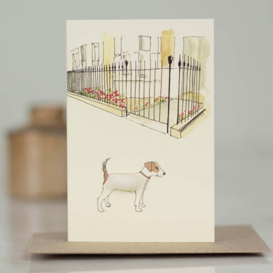Mini Jack Russell by city garden railings card