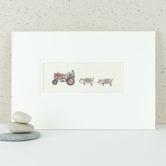 Red vintage tractor and pigs print