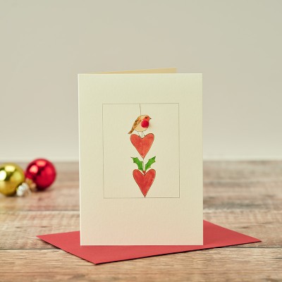 Robin on string of hearts Christmas card