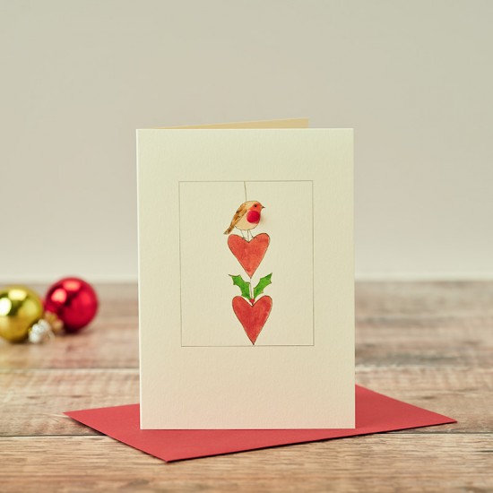 Robin on string of hearts Christmas card