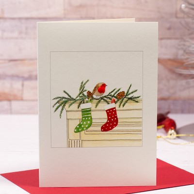 Robin with 2 Stockings Christmas card