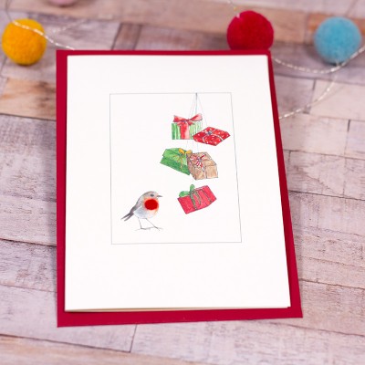 Robin with presents Christmas card