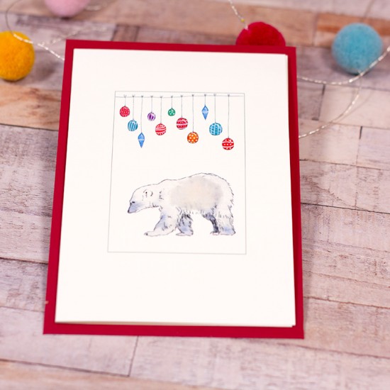 Polar Bear under baubles Christmas card