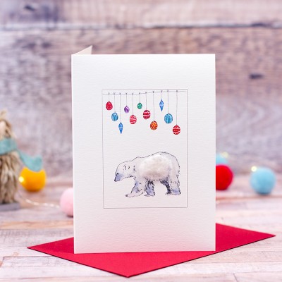 Polar Bear under baubles Christmas card