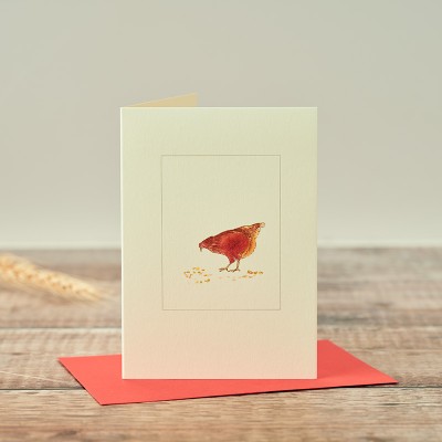 Hen pecking at grain card