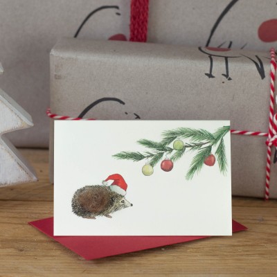Mini Hedgehog underneath a pine branch card