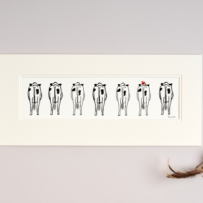 Long row of Friesian Cows with robin Long row of Friesian Cows with robin