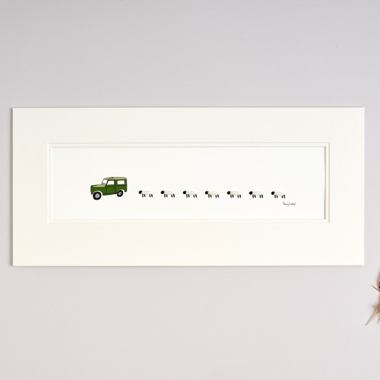 Land Rover and a long row of sheep print