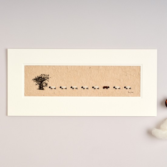 Long Row of Sheep and Oak Tree print