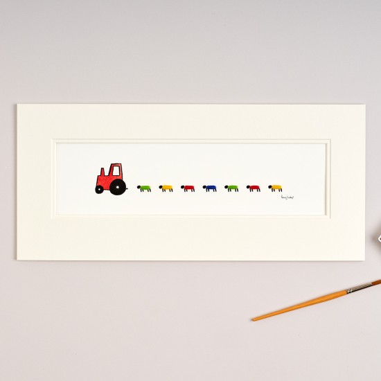 Red Nursery Tractor and Bright Sheep print
