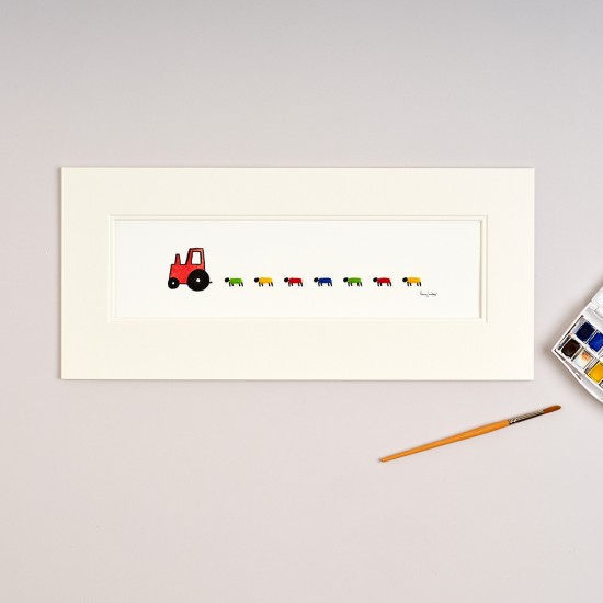 Red Nursery Tractor and Bright Sheep print