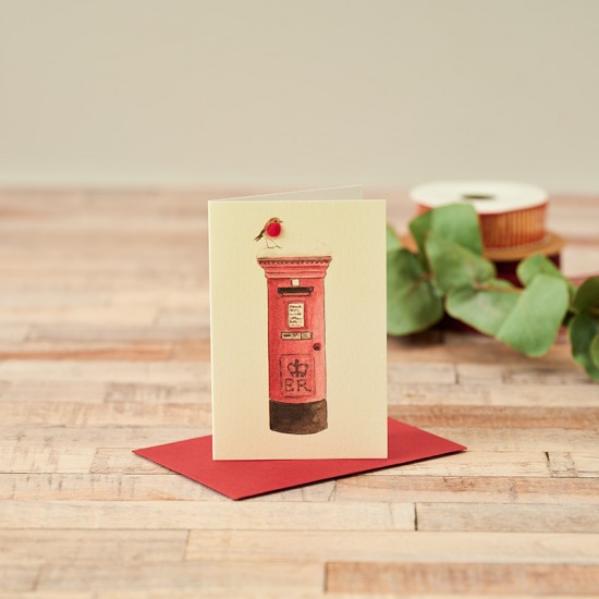 Mini Robin on postbox Christmas card