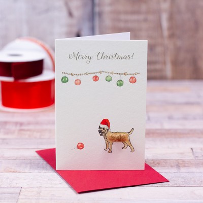 Mini Border Terrier and Baubles card Mini Border Terrier and Baubles card