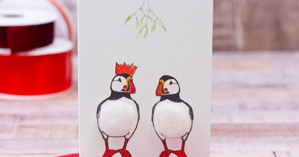 Mini Puffin Pattern Banknote Mini Puffins under Mistletoe card - Papersheep (Trade Only)