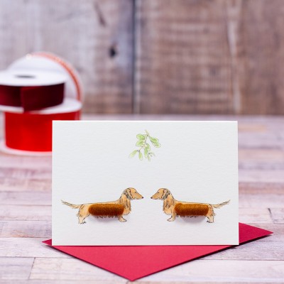 Mini Red Dachshunds under Mistletoe card Mini Red Dachshunds under Mistletoe card