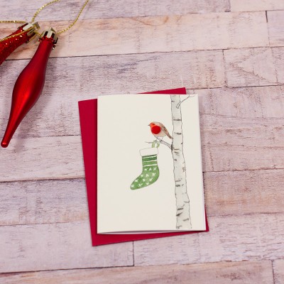 Mini Robin with Stocking Christmas card Mini Robin with Stocking Christmas card