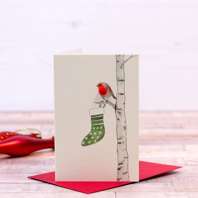 Mini Robin with Stocking Christmas card Mini Robin with Stocking Christmas card