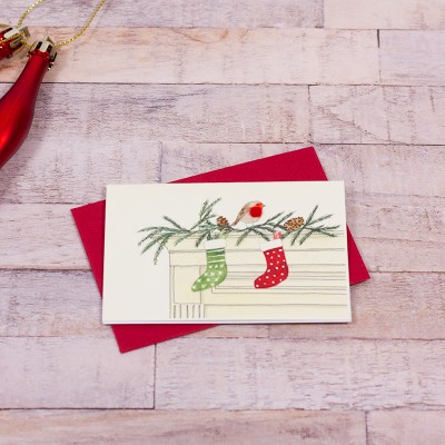Mini Robin with 2 Stockings Christmas card Mini Robin with 2 Stockings Christmas card