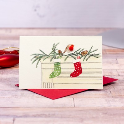 Mini Robin with 2 Stockings Christmas card Mini Robin with 2 Stockings Christmas card