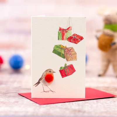 Mini Robin and presents Christmas card