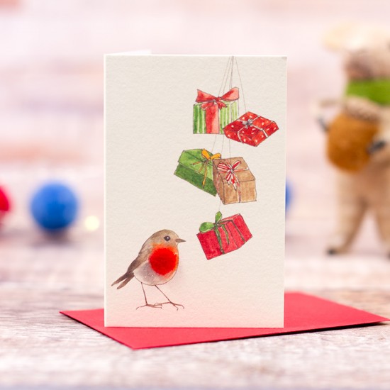Mini Robin and presents Christmas card